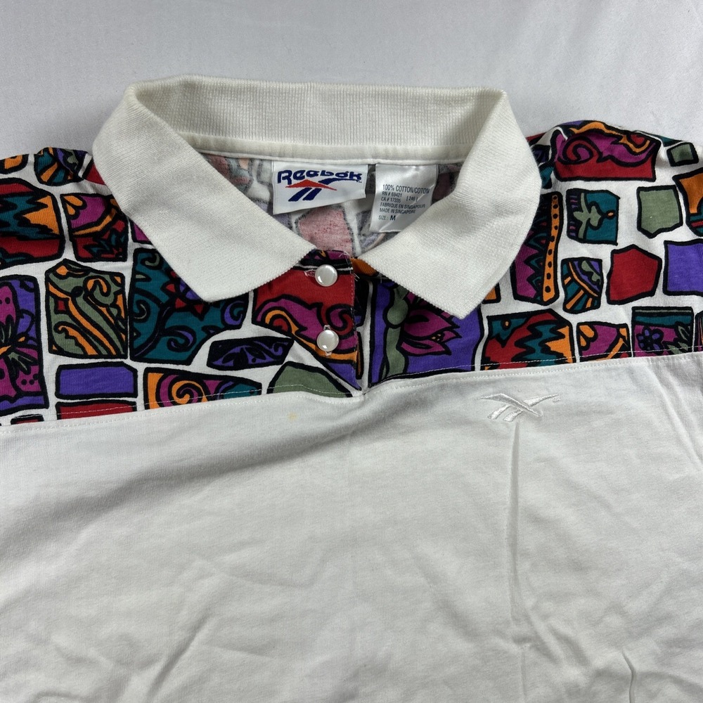 VTG 90s Reebok Tennis Polo Shirt Mens Medium Aztec Color Retro White Red